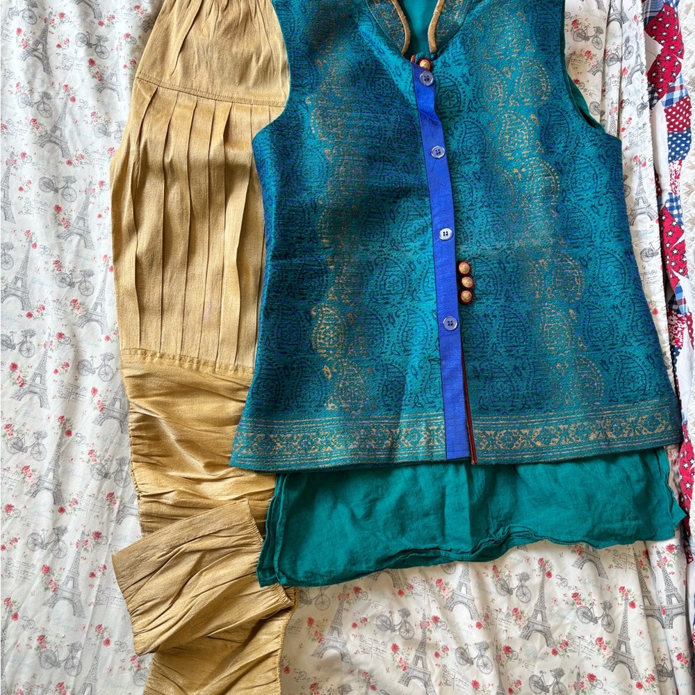Teal and Gold Sleeveless Top with Blue Accents